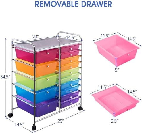 Image of LDAILY 15 Drawer Rolling Storage Cart, Rolling Cart with Drawers for Classroom, Art Supply Craft Organizer on Wheel with Metal Frame & Handles for Home Office School