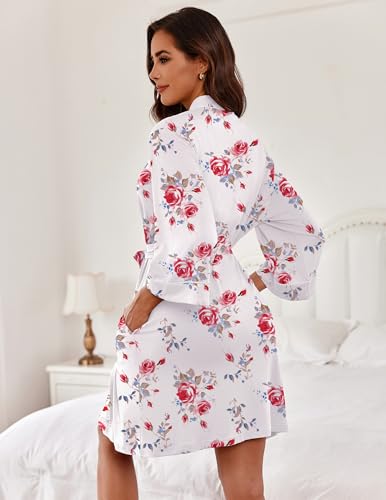 Image of Ekouaer Women Kimono Robes Knee Length Knit Bathrobe Lightweight Soft Sleepwear V-neck Casual Ladies Loungewear