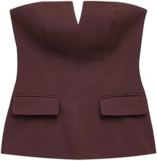 LHAODDUO Blusa sin Tirantes de Color Liso con Escote en V y Bolsillo Falso, Estilo Minimalista, Ajustada, Corta, for Mujer, Primavera y Verano(Brown,S)
