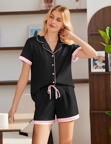 Image of Ekouaer Womens Button Down Pajamas Set Color Block Short Sleeve Sleepwear Summer Soft 2 Piece Lounge Sets Black, Medium