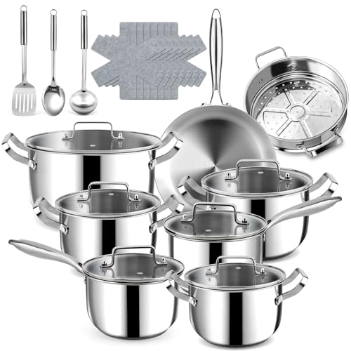 Image of Stainless Steel Cookware Set - 24 PCS Kitchen Cookware Sets with 3-Ply Frying Pan and Steamer, Cool Handles, Heavy-Duty Chef Quality, Pots and Pans Set Compatible with All Stoves