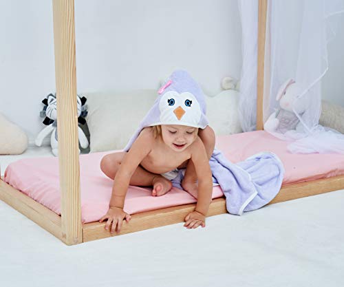 Image of HIPHOP PANDA Ultra Soft Hooded Baby Towel - 2-Layer Thick 500GSM Absorbent | Rayon Made from Bamboo, Hooded Bath Towel for Newborn, Infant, Toddler, Baby Registry - Purple Penguin, 30x30 In