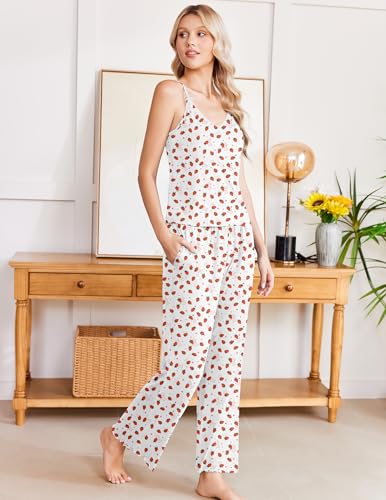 Image of Ekouaer Womens Y2K Cami Pajama Set with Flare Pants, 2 Piece Lace Trim Sleepwear Spaghetti Strap Pjs Set XS-2XL