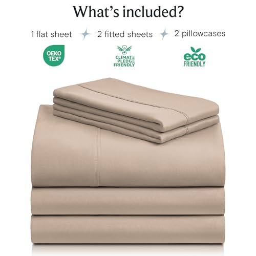 Image of LuxClub 5 PC Split King Sheet Set, Breathable Luxury Bed Sheets, Deep Pockets 18 inch Eco Friendly Wrinkle Free Cooling Sheets Machine Washable Hotel Bedding Silky Soft - Light Khaki Split King