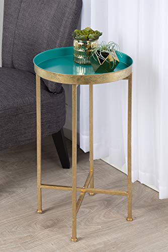 Image of Kate and Laurel Celia Round Metal Foldable Tray Accent Table, Teal with Gold Base