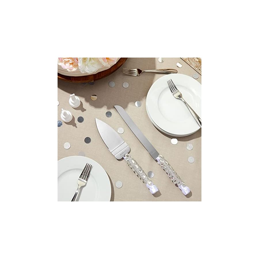 Juvale Stainless Steel Wedding Cake Knife and Server Set for Cake Cutting Ceremony, Embellished with Faux Crystals, Diamonds, Ribbon