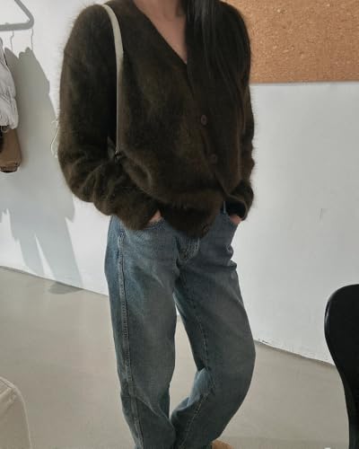 Image of Womens Fuzzy Sweaters Cardigan V-Neck Button Down Oversized Mohair Sweater Casual Y2k 2026 Fall Winter