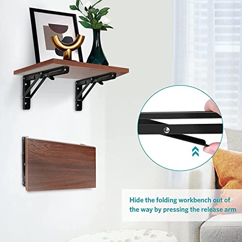 Image of L Angle Bracket 40cm Heavy Duty Foldable Wall Mounted Shelf Bracket Set with Release Arm Mechanism - Black Metal Support Brackets for Wooden Board 1 Pair (12 INCH )