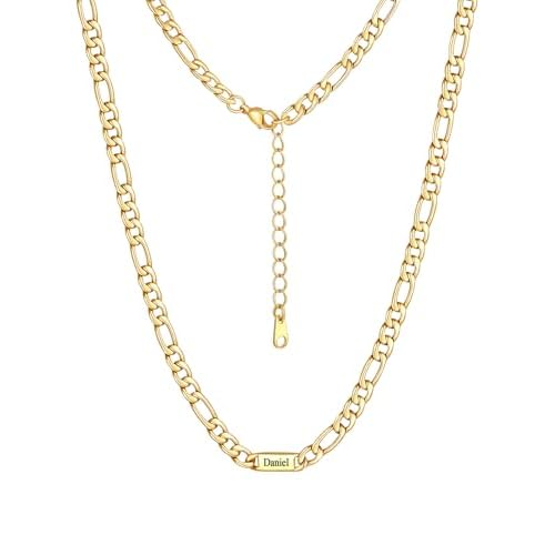 Custom4U Personalized Stainless Steel Figaro Chain for Men Women, 5mm/7mm Width Engraving 1-5 Names Figaro Chain Necklace, Steel/14K Gold Plated/Black Fathers Day Gift Hip Hop Jewelry+Send G