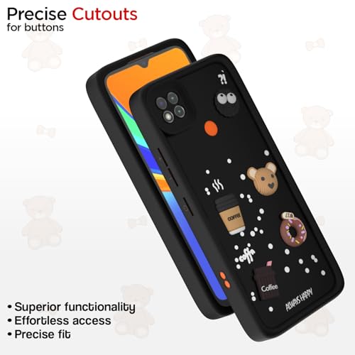 Image of Pikkme Back Cover for Redmi 10A / 10A Sport /Redmi 9 /9 Activ / 9C / Poco C31 | Cute Fun Cartoon 3D Bear Silicone Full Body Protection Bumper Cover (Black)