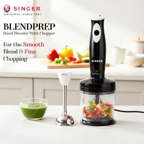 Image of SINGER Blendprep Hand Blender 300W Powerful Copper Motor | 3-in-1 Blender, Chopper & Whisk | Silent DC Motor | Stainless Steel Ninja Blade | Easy Push Button | 2-Year Warranty | ISI Certified