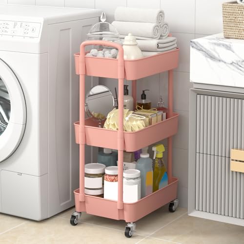 Image of Sywhitta 3-Tier Plastic Rolling Utility Cart with Wheels for Storage, Pink | Multi-Functional Storage Trolley, for Office, Living Room, Kitchen, Bathroom,Movable Organizer,Space-Saving,Easy to assemble