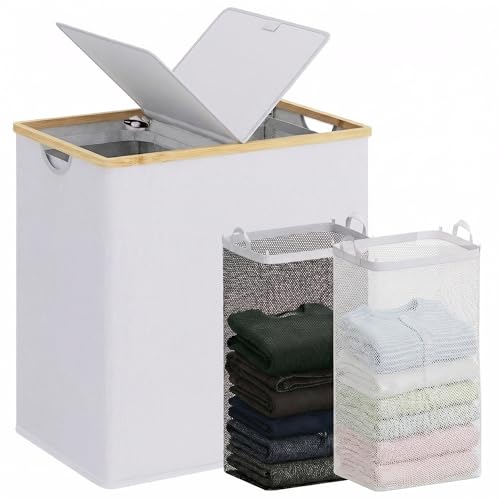 Image of efluky Laundry Hamper with Lid, Double Laundry Basket with 2 Removable Bags, 2 Section Laundry Bin with Bamboo Handles for Bathroom, Bedroom & Laundry Room, 140L (36.9 Gallon) Light Grey