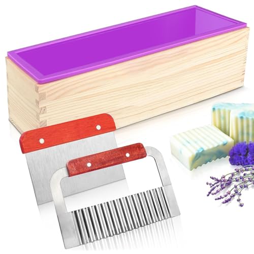 Image of HASTHIP Silicone Soap Mold with Wooden Box, 1200g /42Oz Large Capacity Flexible Rectangular Loaf Mold, Stainless Steel Wavy + Straight Scraper for Soaps Making