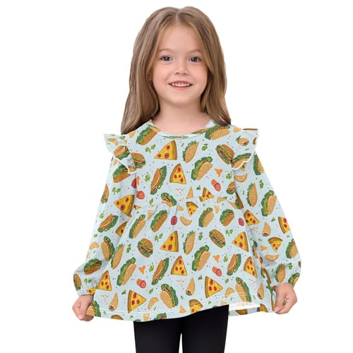 Hamburger Pizza Blue Girls Shirts Cotton Long Sleeve Ruffle Toddler Tee Tops3