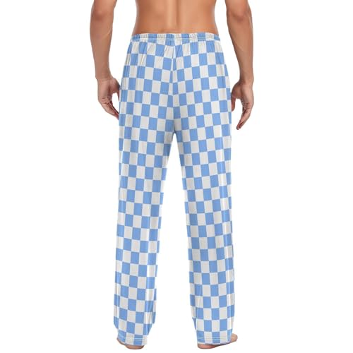 Men's White and Blue Checkered Pajama Pants with Pocket S2