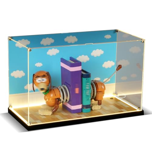 NAOCARD Acrylic Display Case for Lego 43301 Toy Story Slinky Dog Bookends & Lego 21357 Pixar Luxo Jr. Lamp–Metal Screw Assembly with USB-C LED Light & Themed Back Panel Easy Access