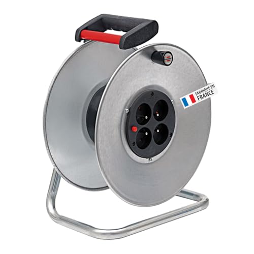 Brennenstuhl Enrouleur vide Silver/Enrouleur de câble (flasques en acier, sans câble, livré vide, 4 prises, disjoncteur, poignée guide-câble, utilisation...