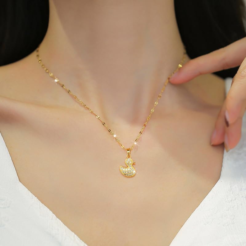 Cute Duck Cubic Zirconia Pendant Necklace for Women Stainless Steel Crystal Delicate Animal Choker Adjustable Chain Simple Dainty Necklaces Fashion Jewelry for Girlfriend Mom Animal Lovers - Image 2