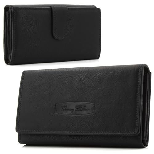 ekavale Damen Portemonnaie Groß aus Rindleder mit RFID, Leder-Geldbörse mit Vielen Fächern für Frau (Schwarz)