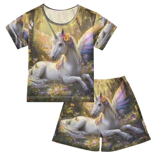 ALAZA Unicorn Wing Butterfly Blossom Pajamas Set Short Sleeve Cotton Sleepwear Summer Pjs 2 Piece 5-14Y