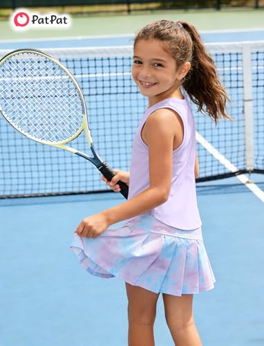 Image of PATPAT Girls Tennis Skirt Sets Moisture Wicking Tank Tops and Pleated Skirts 2 Piece Outfits Activewear Sets 5-12 Years