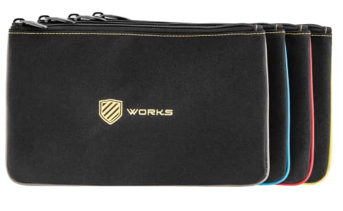Works 4 Pack Heavy Duty 12 Inch Organizing Zipper Tool Pouch | Tool Bag | Utility Bag | Water Resistant | Heavy Duty | Black With Yellow/Red/Blue/Grey Edge For Easy Organization #TOP1