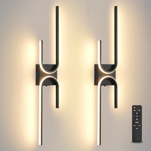 Image of Battery Operated Wall Sconce with Remote Control, USB Rechargeable Wireless Wall Sconce Set of 2, LED Dimmable Wall lamp, 3 Color /Timer /Memory, Black Wall lights for Bedroom Living Room, 31.5 inch