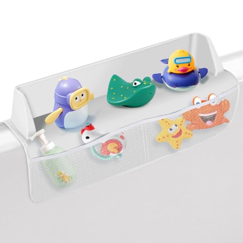 Image of Bathtub Splash Guard Bathtub Shelf Bathtub Toy Storage Toy Tray - 8 Suction Cups Attach to Bath Tub - 22" Tub Splash Guard with 4 Mesh Pockets- Fun for Toddlers Kids Baby (White)