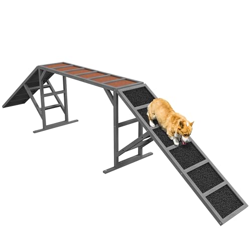 PawHut Wooden Dog Agility Ramp with Safety Bar, Non-Slip Surface, Gray