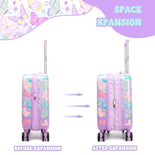 Image of Kids Luggage with Spinner Wheels Carry on Suitcases for Girls 2 Piece Luggage Sets 16 inch Toddler Suitcase for Kids Rolling Suitcase Airline Approved (Purple Butterfly)