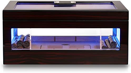 Woodronic LED Lighted Humidor Cigar Box for 100 Cigars, Electric Humidor with Digital Hygrometer, Crystal Gel Humidifier, Spanish Cedar Lining and Acrylic Dividers, Gifts for Fathers