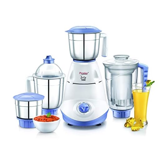 Prestige Iris 750 Watt Mixer Grinder with 3 Stainless Steel Jar + 1 Juicer Jar (White and Blue)