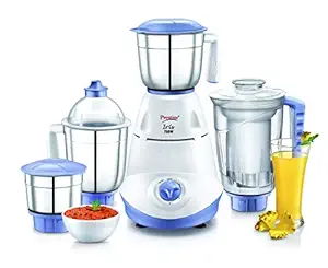 Prestige Iris 750 Watt Mixer Grinder with 3 Stainless Steel Jar + 1 Juicer Jar (White and Blue)