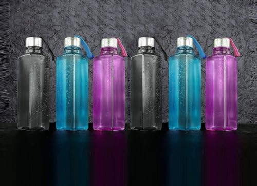 Image of Finner Unbreakable Square Shape Water Bottle Set | Refrigerator Bottle 1000 ml Bottle (Pack of 6, Multicolor, PET) WB-9
