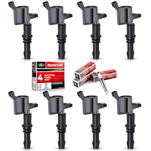 MAS Set of 8 Ignition Coils Pack Straight Boot & Motorcraft Spark plug SP546 SP515 Compatible with Ford F150 F250 F350 Super Duty Expedition Lincoln Navigator V8 5.4l Replacement for DG511 FD508