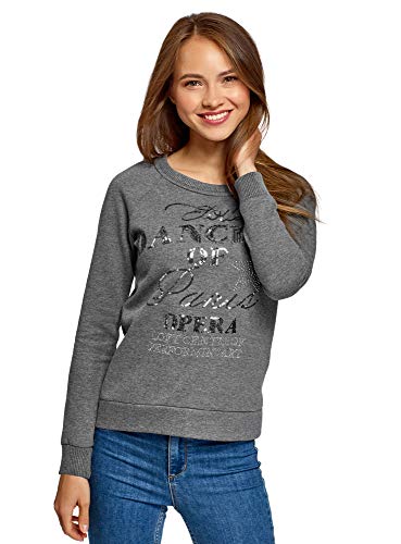 oodji Ultra Femme Sweat Décoré de Paillettes et Strass Métalliques, Gris, FR 42 / L