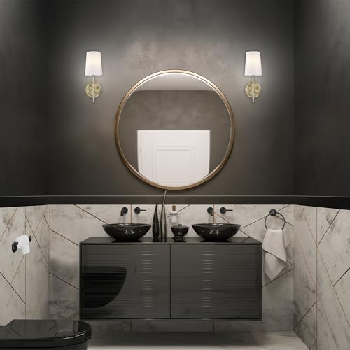 Image of Globe Electric 51861 Clarissa 1-Light Wall Sconce, Matte Brass, White Fabric Shade, Bulb Not Included