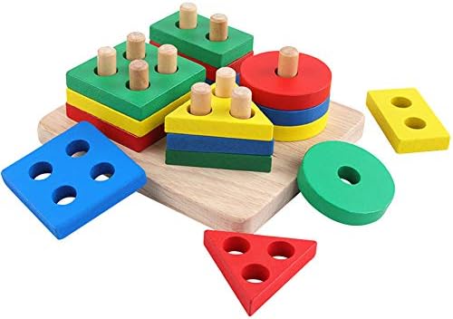 GEMEM Wooden Educational Shape Color Recognition Geometric Board Puzzle Blocks Toddler Stack Sort Toys Baby Children Non-Toxic Blocks for 1 2 3 Year Old Boys Girls