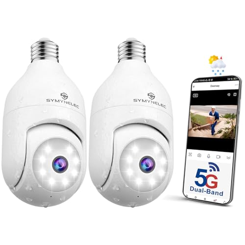 SYMYNELEC 5GHz/2.4GHz Telecamera Lampadina WiFi Esterno, 2K 4MP Videocamera Sorveglianza Senza Fili con Allarme Sonoro e Luminoso, Visione Notturna a Colori, Audio Bidirezionale con Alexa, 2PCS