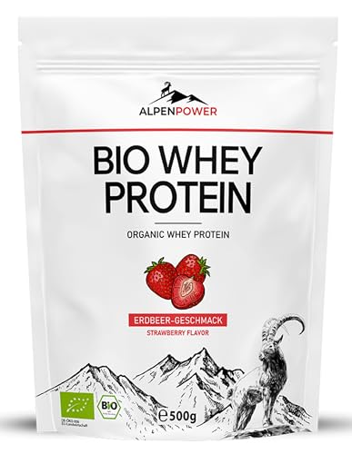 AlpenPower Proteína Whey Orgânico sabor morango 500 g - Ingredientes 100% naturais e sem aditivos - Proteína CFM em pó procedente do melhor leite alpino ecológico