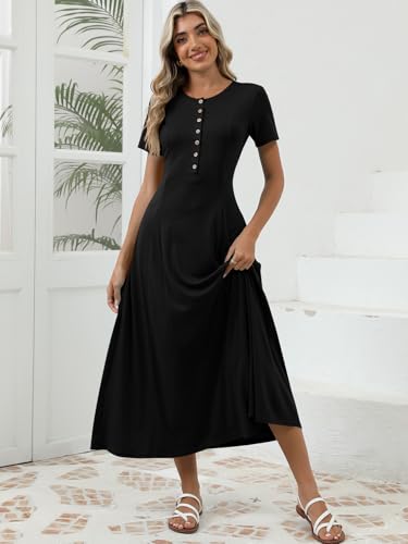 Women's Spring Casual Maxi Dress Short Sleeve Fit and Flare A Line Flowy T Shirt Long Vacation Dresses with Pockets3
