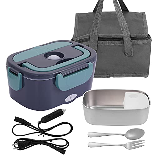 Boîte Chauffante Électrique Lunch Box 1.5L Boîte à Lunch Thermique 12V 110V/220V 2 en 1 pour voiture, maison | Boîte Repas Amovible en Acier Inoxydable avec cuillère, fourchette et sac isolant