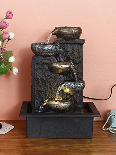 Image of Polyresin Designer Up to Down 5 Diya Steps Table Top Indoor Water Fountain for Home Decor with Speed Controller Pump & Yellow LED (Size: 40 x 29.5 x 22 CM | Weight: 1865 Gram)