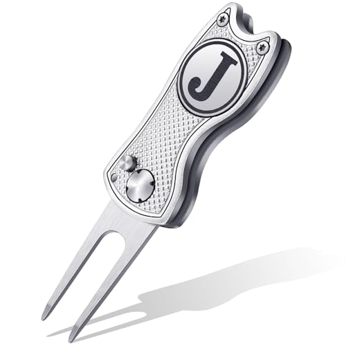 Sonwyoung Golf Divot Repair Tool With Letter Ball Marker Custom Monogrammed Initial Green Divot Tool Golf Accessories Foldable Metal With Magnetic Putt Alignment Gifts For Men Father(Silver,Letter J)