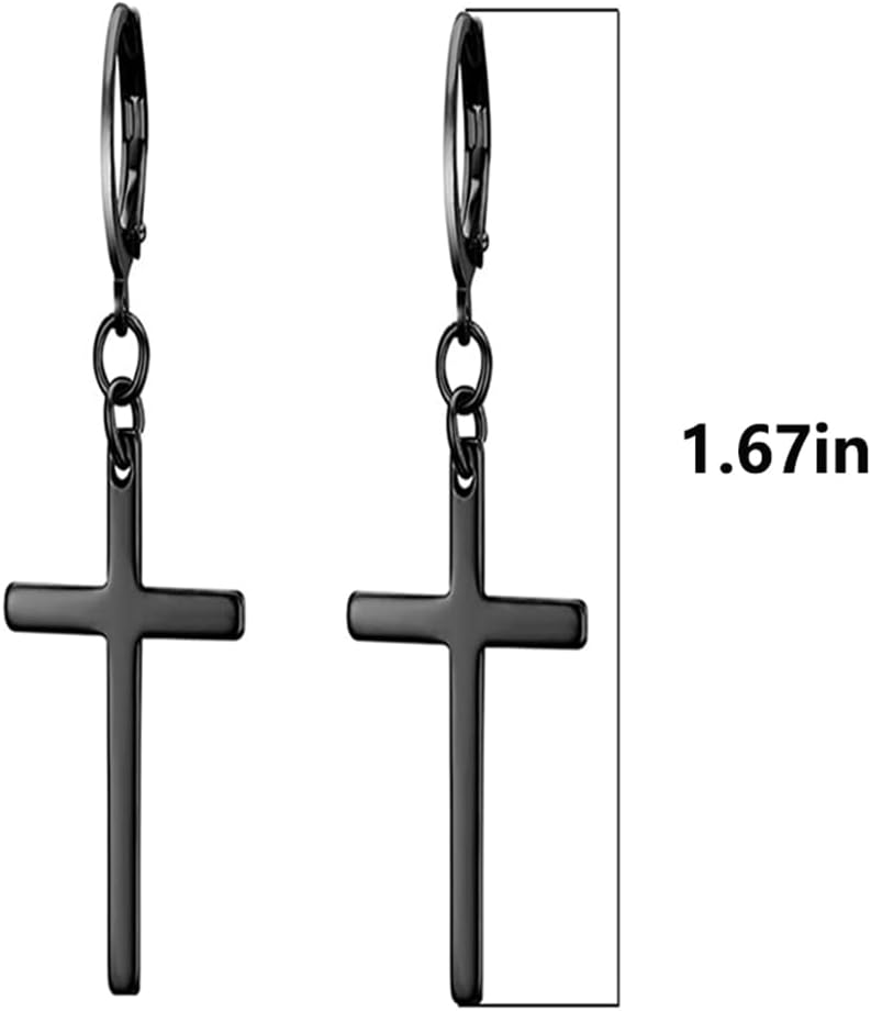 3 Pairs Mens Cross Drop Dangle Earrings Set Hanging Dangling Crucifix Hinged Earingings Stainless Steel Black Gold Silver - Image 2
