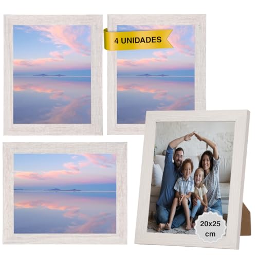 MARCOFOTO Marco de Fotos para Pared - Set de 4 Portafotos MDF con Cristal, uso vertical u horizontal - Decoración hogar u oficina, diplomas - Color Blanco Rústico 20x25 cm
