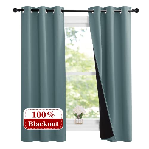 NICETOWN Aqua 100% Blackout Lined Curtains, 2 Thick Layers Narrow Wide Window Treatment Panels Thermal Insulated Drapes for Kitchen Small Window (1 Pa
