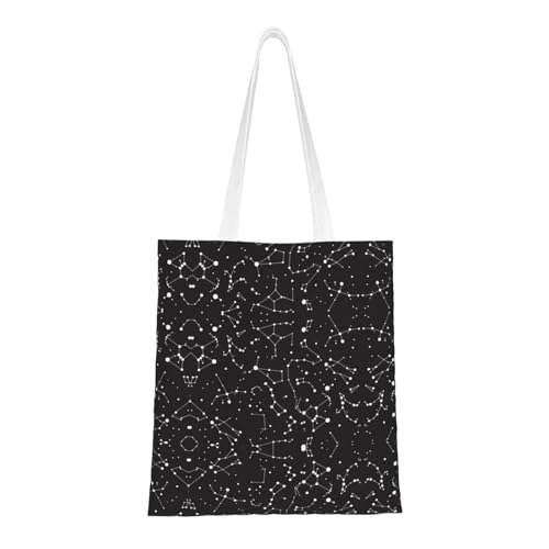 Starry Divination Constellation Print Reusable Canvas Tote, Shopping Bag With Handles For Daily And Grocery Use