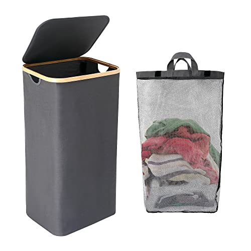 Wäschekorb mit Deckel, Wäschekorb mit abnehmbarem Beutel, 100 l, groß, faltbar, Wäschekorb, schmutzige Wäschekorb, tragbarer Kleiderkorb für Reisen, Schlafsaal, Badezimmer, Schlafzimmer, Grau Cover